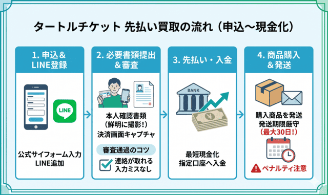タートルチケットの先払い買取の申込から現金化までの流れ