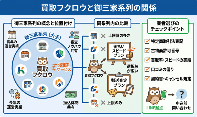 買取フクロウ 先払い買取の系列会社と御三家系列の関係